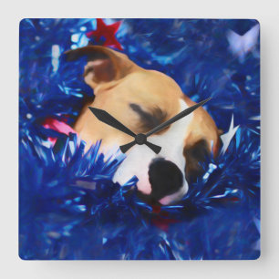Horloge Carrée USA Patriotique Chien American Pit Bull Terrier