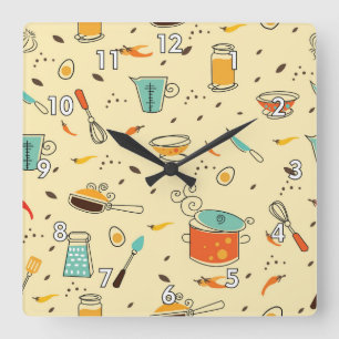Horloge Carrée Ustensiles de cuisine mignons et colorés