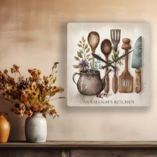 Horloge Carrée Ustensiles de cuisine vintage de ferme
