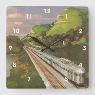 Horloge Carrée Vacances en train vintage, Locomotive dans le pays