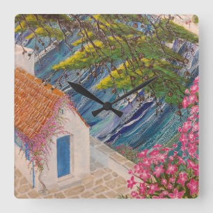 Horloge Carrée Vacances grecques bleu et rose