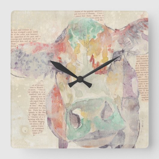 Horloge Carrée Vache de collage de la ferme aquarelle (Recto)