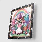 Horloge Carrée Vache de fée Whimsical Rainbow (Angle)