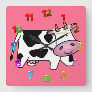 Horloge Carrée Vache debout avec des marguerites