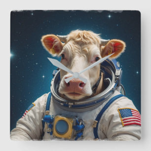 Horloge Carrée Vache douce dans un Spacesuit