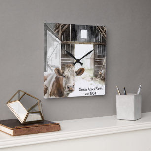 Horloge Carrée Vache Hereford et coq en Grange