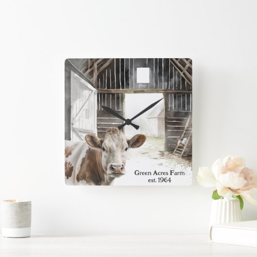 Horloge Carrée Vache Hereford et coq en Grange (Maison)