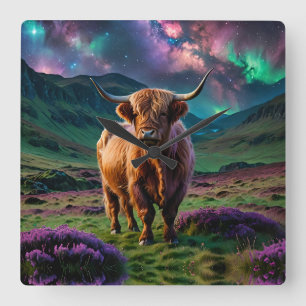 Horloge Carrée Vache Highland Under The Stars