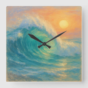 Horloge Carrée Vague Turquoise - Style de peinture pastel