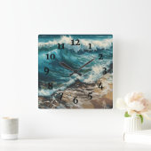 Horloge Carrée Vagues de plage et peinture de sable (Maison)