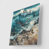 Horloge Carrée Vagues de plage et peinture de sable (Angle)