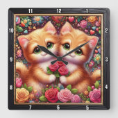 Horloge Carrée Valentine Kitten Couple Rose Wall (Recto)