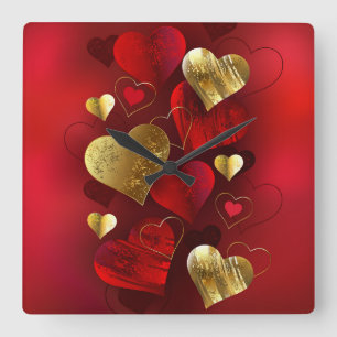 Horloge Carrée Valentines dorées et rouges