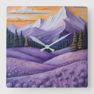 Horloge Carrée Vallée de montagne pourpre Coucher de soleil Textu