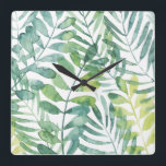 Horloge Carrée Valse de fronde - feuille de fronde de paume<br><div class="desc">Valse I de fronde par grâce Popp. Comporte la verdure tropicale dans a aquarelle-comme le style.</div>