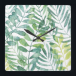 Horloge Carrée Valse Frond - Feuilles Frond Palm<br><div class="desc">Frond Waltz I par Grace Popp. La végétation tropicale est de style aquarelle.</div>