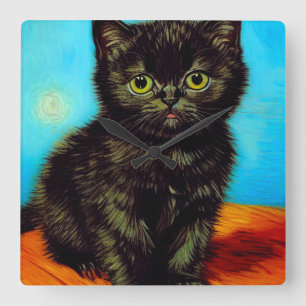 Horloge Carrée Van Gogh Style Pouting Kitten