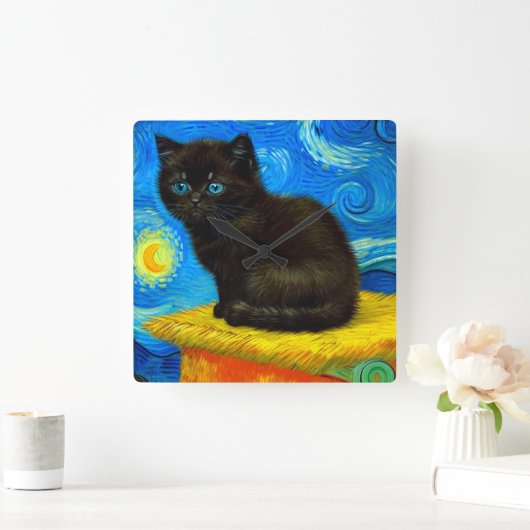 Horloge Carrée Van Gogh Style Starry Night Cat (Maison)