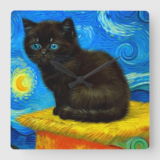 Horloge Carrée Van Gogh Style Starry Night Cat (Recto)