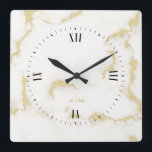 Horloge Carrée Veines d'or Marbre blanc<br><div class="desc">Texture moderne en imitation marbre blanc avec des touches de veines or clair et des chiffres noirs. Monogramme simple suggéré.</div>