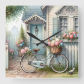 Horloge Carrée Vélo de chalet bleu avec panier à fleurs de printe (Recto)
