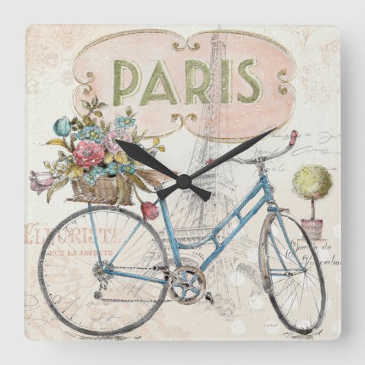 Horloge Carrée Vélo de Paris avec des fleurs (Recto)