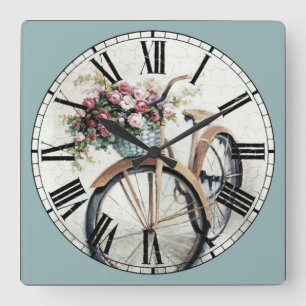 Horloge Carrée Vélo Vintage avec fleurs en panier