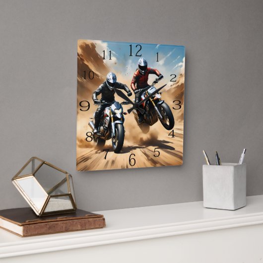 Horloge Carrée Vélos Dirt Moto Courant Dans Le Désert, (Bureau)