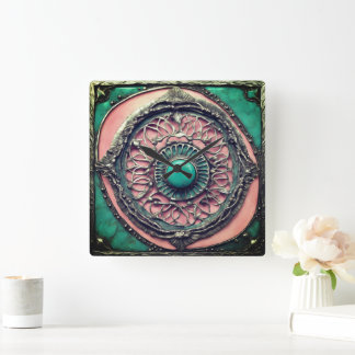 Horloge Carrée Verdigris moderne et tourmaline rose Métal Art