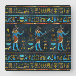 Horloge Carrée Verre d'or d'Anubis, bleu et rouge égyptien