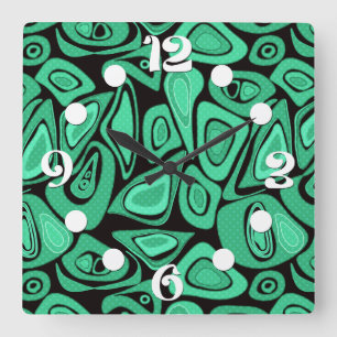 Horloge Carrée Vert, abstrait, rétro
