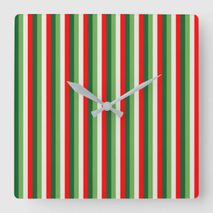 Horloge Carrée Vert, blanc étoile et trèfle rouge rayures fines