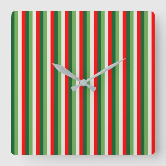 Horloge Carrée Vert, blanc étoile et trèfle rouge rayures fines (Recto)