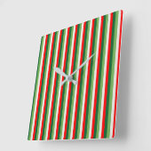Horloge Carrée Vert, blanc étoile et trèfle rouge rayures fines (Angle)