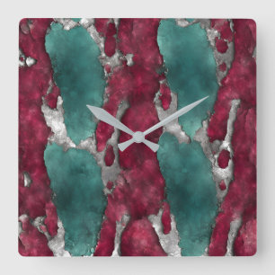 Horloge Carrée Vert de gris abstrait et rubis avec argent métalli