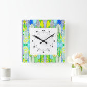 Horloge Carrée Vert Jaune mignon Moderne Tropical Boho Feuille (Maison)