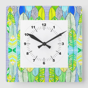 Horloge Carrée Vert Jaune mignon Moderne Tropical Boho Feuille