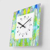 Horloge Carrée Vert Jaune mignon Moderne Tropical Boho Feuille (Angle)
