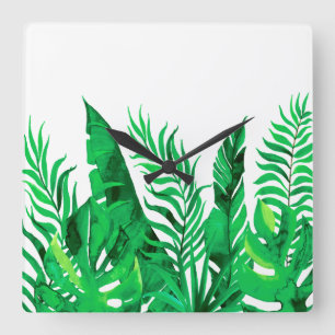 Horloge Carrée Vert luxuriant - feuillage tropical d'aquarelle -