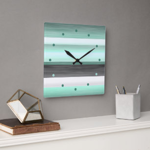 Horloge Carrée Vert menthe pastel gris rayures aquarelle noir