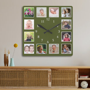 Horloge Carrée Vert mousse 12 Collage photo personnalisé