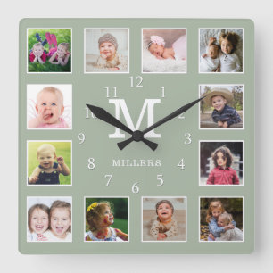 Horloge Carrée Vert sauge 12 Photo Collage Nom de famille Monogra