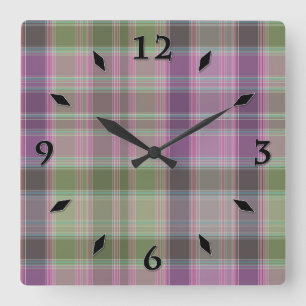 Horloge Carrée Vert, tartan classique lilas. serviettes de table