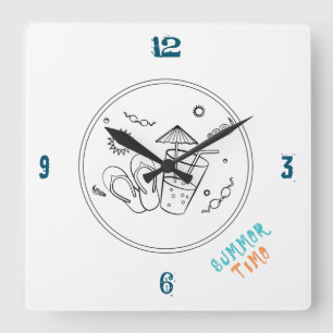 Horloge Carrée Vibes d'été du soleil & vacances, Art esquissé