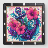 Horloge Carrée Vibes tropicales d'Ancres florales (Recto)