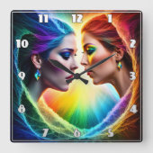 Horloge Carrée Vibrant double portrait des femmes en maquillage (Recto)