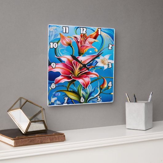 Horloge Carrée Vibrant Lily fleurit sur fond bleu (Bureau)