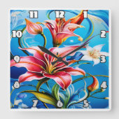 Horloge Carrée Vibrant Lily fleurit sur fond bleu (Recto)