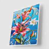 Horloge Carrée Vibrant Lily fleurit sur fond bleu (Angle)
