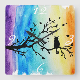 Horloge Carrée Vibrant Rainbow Watercolor Black Cat à Tree